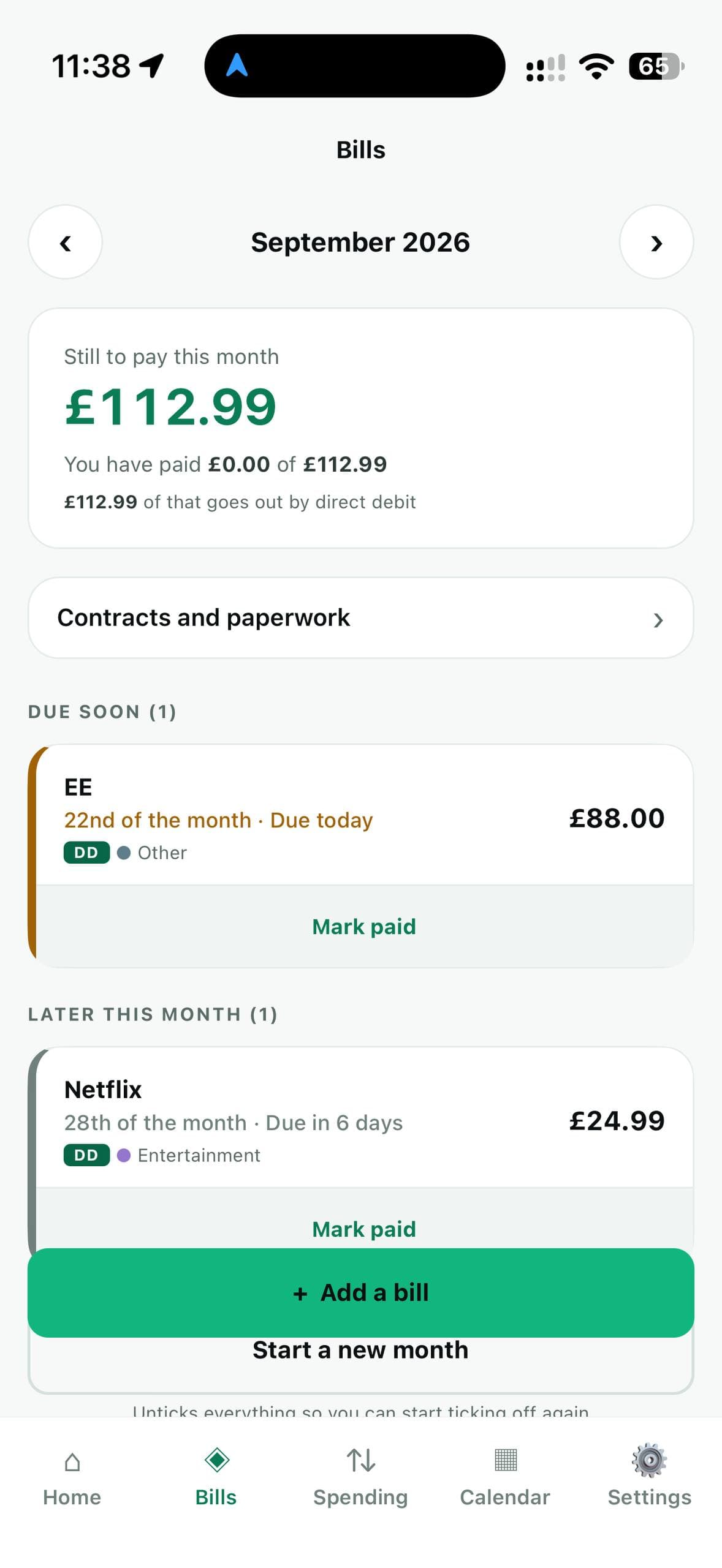 The Bills screen for September 2026. £112.99 is still to pay. EE, £88.00, is under Due soon and due today; Netflix, £24.99, is under Later this month and due in 6 days. Both are marked DD for direct debit, each with a Mark paid button.