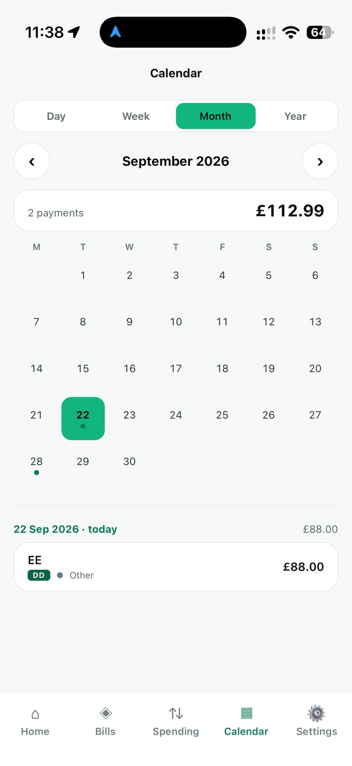 The Calendar in month view for September 2026: two payments totalling £112.99, marked with dots on the 22nd and the 28th. The EE payment of £88.00 is listed below for today.