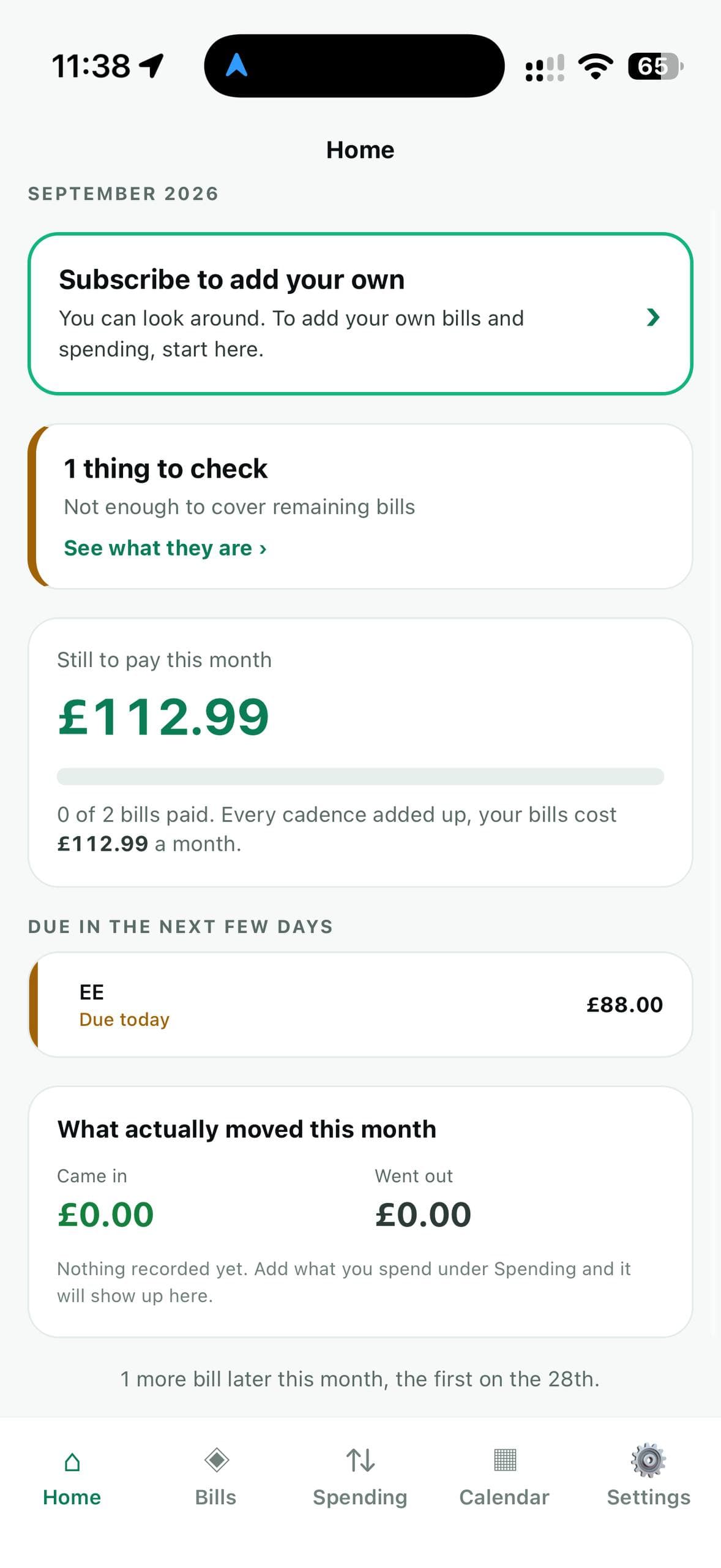 The DebitMate Home screen for September 2026. £112.99 is still to pay this month, one bill is due in the next few days — EE, £88.00, due today — and a note says there is not enough to cover the remaining bills.